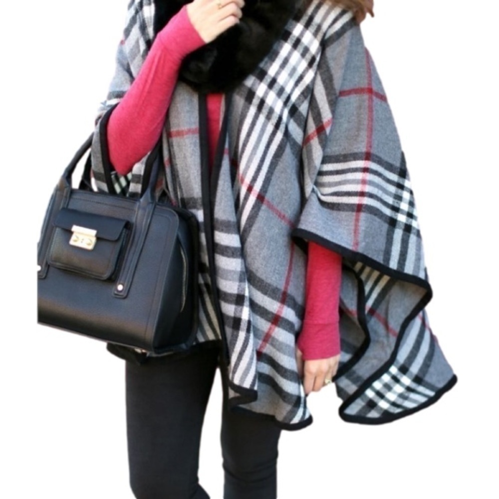 V. FRAAS Ruana Style Wrap Warm Plaid Gray Black White Red Women One Size - Picture 4 of 11